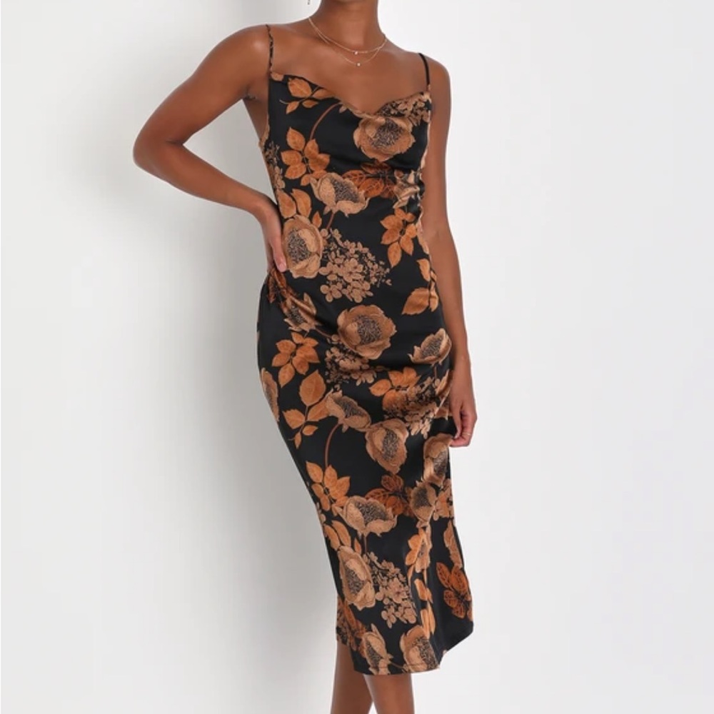 Black Floral Satin Slip Midi Dress